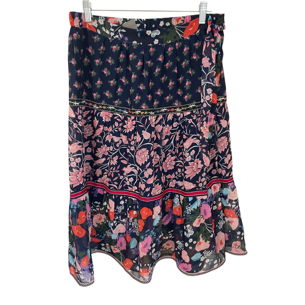 One September Anthropologie Mixed Floral Tiered Midi Skirt Ribbon Accent Size M
